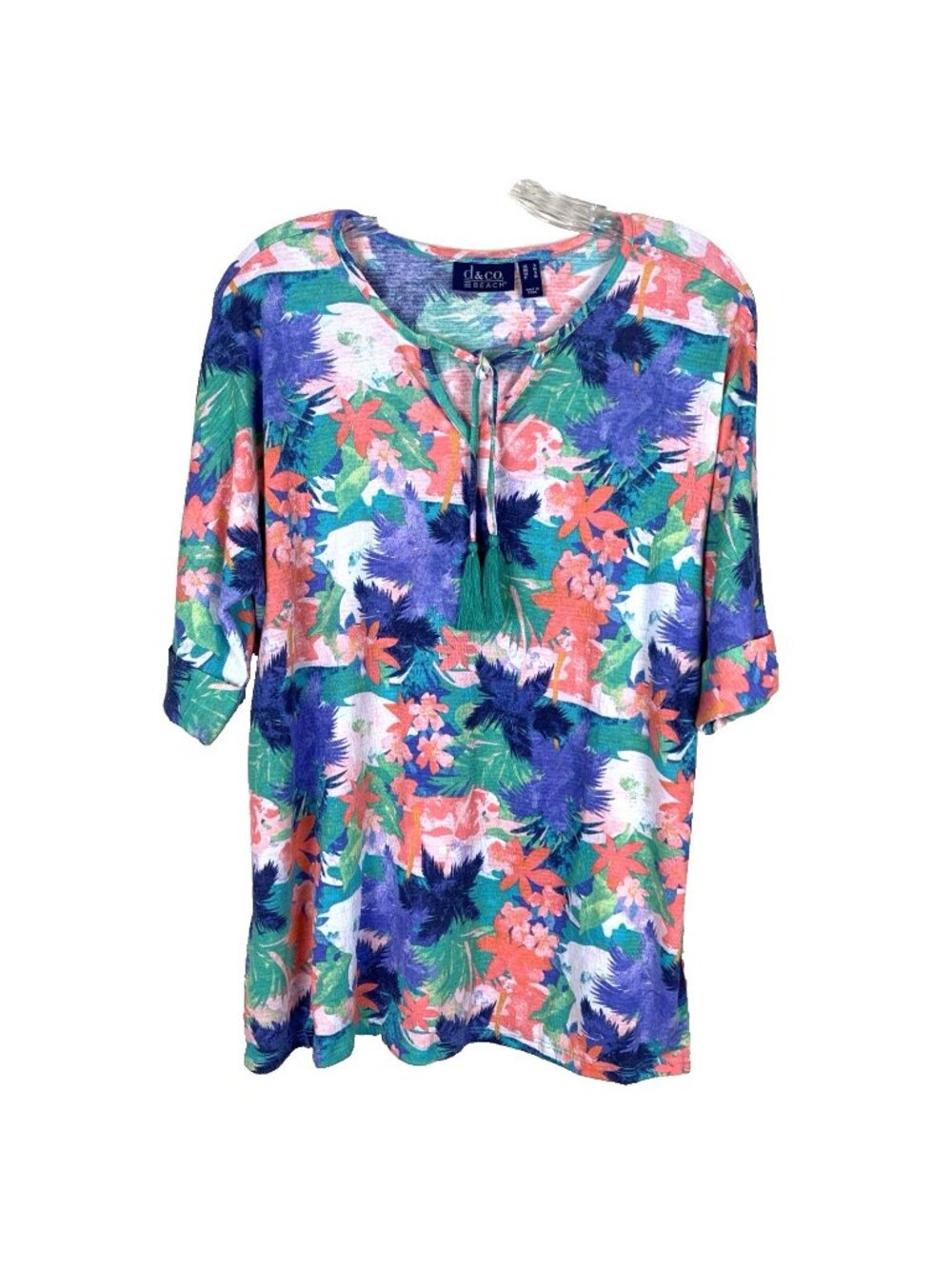 D&CO Beach Womens S Knit Top Tunic Dolman Tropical Tassel Colorful Resort Linen